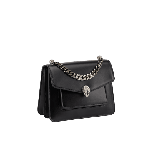 Serpenti Forever Maxi Chain small crossbody bag in black palmellato leather with black nappa leather lining. Captivating snakehead closure in palladium-plated brass embellished with black onyx scales and red enamel eyes. MCN-PL-B image 2
