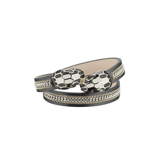 "Serpenti Forever" multi-coiled bracelet in black calf leather with a "3-Chain" motif and light gold plated brass hardware. Iconic contraire snakehead décor enamelled in black and white agate and finished with seductive black enamel eyes. MCSerp-3CC-B image 1