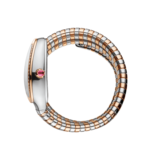 Serpenti Tubogas double-spiral watch in 18 kt rose gold and stainless steel with diamond-set bezel and green lacquered soleil dial. Water-resistant up to 30 metres SERPENTI-TUBOGAS-2T-greenDialDiam image 3
