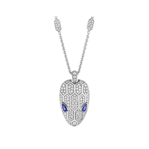 Serpenti necklace in 18 kt white gold set with blue sapphire eyes and pavé diamonds on both the chain and the pendant. 353529 image 1
