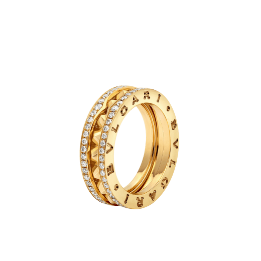 B.zero1 and B.zero1 Rock couple rings in 18 kt yellow gold, one of which with studded spiral and pavé diamonds on the edges. A timeless ring set fusing visionary design with bold charisma. BZERO1-COUPLES-RINGS-6 image 3