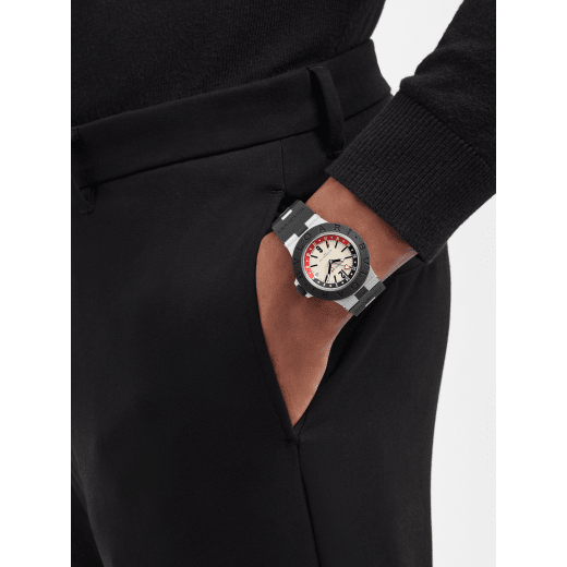 Bvlgari Aluminium GMT watch with mechanical movement, automatic winding, GMT 24h function, 40 mm aluminium case, black rubber bezel with double logo engraving, white dial, SLN indexes and hands, titanium caseback and black rubber bracelet. Water-resistant up to 100 metres 103963 image 1