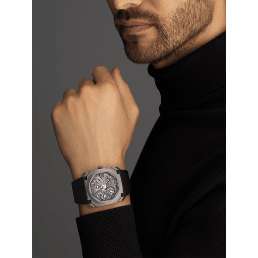 Octo Finissimo watch with ultra-thin skeletonized mechanical manufacture movement, manual winding and small seconds, titanium case, transparent dial and black alligator bracelet 102714 image 5