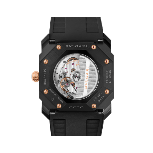 Octo watch with mechanical manufacture movement, automatic winding and date, stainless steel case treated with black Diamond Like Carbon, 18 kt rose gold bezel, black lacquered dial and black rubber bracelet. 102485 image 4
