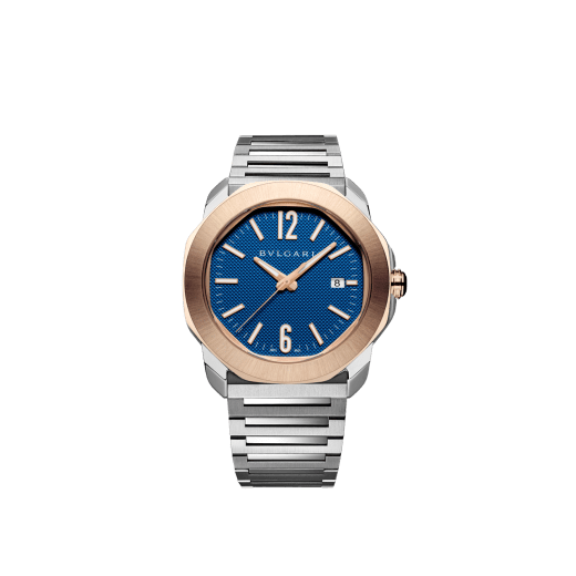 Octo Roma automatic watch with interchangeable blue rubber strap, satin-polished stainless steel case and bracelet, 18 kt rose gold bezel and blue Clous de Paris dial. Mechanical automatic in-house movement. Water-resistant up to 100 metres. 103926 image 1