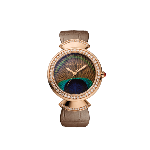 DIVAS' DREAM watch with in-house manufacture mechanical movement, automatic winding, 18 kt rose gold case, 18 kt rose gold bezel and fan-shaped links both set with brilliant-cut diamonds, natural peacock feather dial and shiny beige alligator strap 103139 image 1