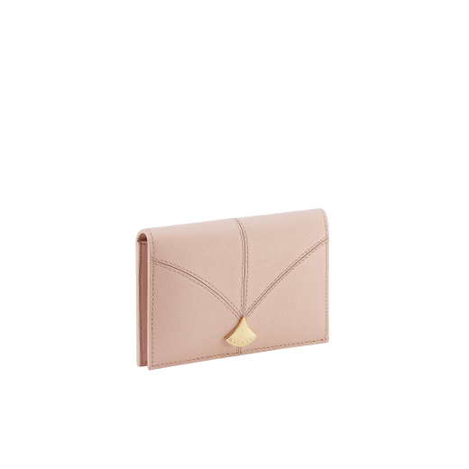 Divas' Dream folded card holder in star rose pink goat leather with crystal rose nappa leather interior. Refined signature press button closure in gold-plated brass. DIVA-CC-HOLDFOLD image 1