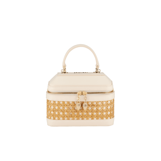 Serpenti Forever jewelry box bag in ivory opal Urban grain calf leather with black nappa leather lining. Captivating snakehead zip pullers and chain strap decors in light gold-plated brass. 1177-UCL image 1