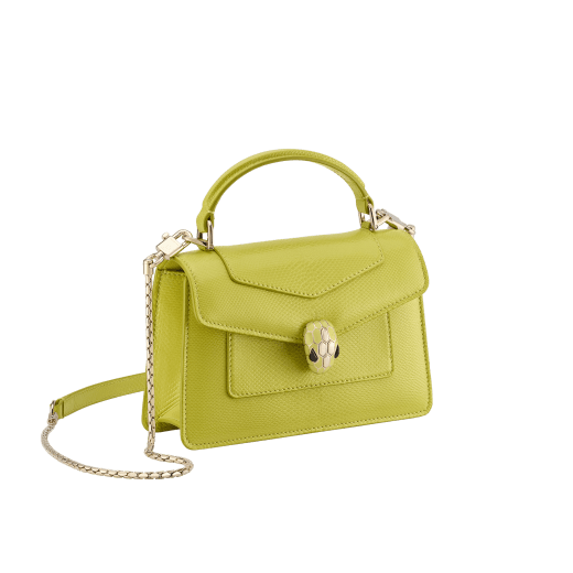Serpenti Forever mini top handle bag in linden peridot yellowish green Pure karung skin with crystal rose pink nappa leather lining. Captivating snakehead magnetic closure in light gold-plated brass embellished with linden peridot yellowish green enamel and light gold-plated brass scales, and black onyx eyes. SEA-1283-EX image 2
