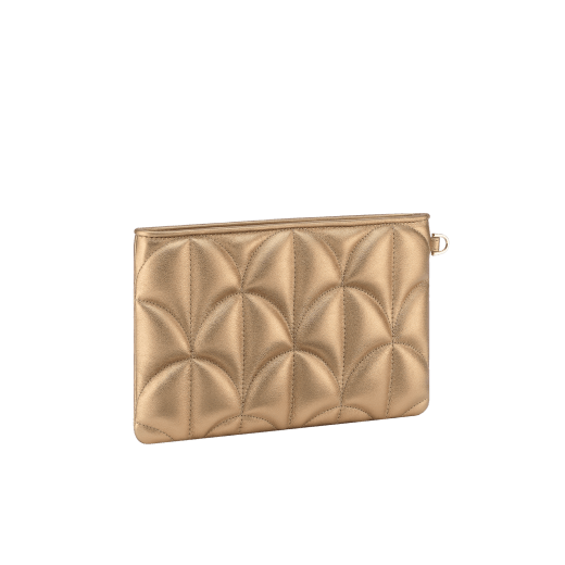 Serpenti Sugarloaf clutch in antique gold calf leather with a distinctive Calla Matelassé motif and Bright Travertino nappa leather interior. Captivating snakehead rivet in light gold-plated brass embellished with red enamel eyes; zip closure. 294416 image 3
