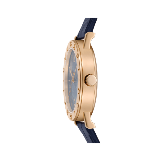 Bvlgari Bvlgari watch with mechanical automatic in-house movement, 18 kt rose gold case and bezel engraved with double logo, blue marble dial and blue alligator bracelet. Water-resistant up to 50 metres 104113 image 3