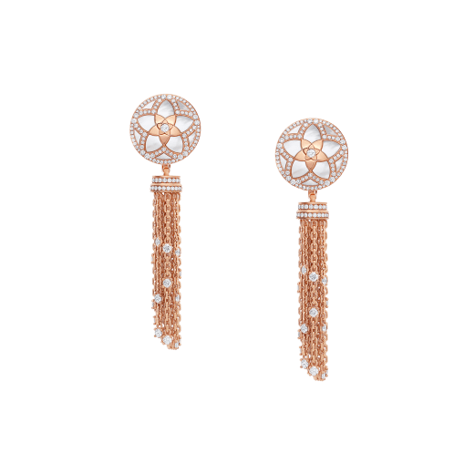 Jannah Flower 18 kt rose gold earrings set with mother-of-pearl inserts and pavé diamonds, and with an 18 kt rose gold and pavé diamond tassel 358488 image 1