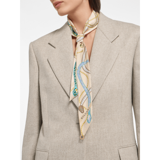 Serpenti 75 shelley in fine teal silk with a BVLGARI BVLGARI metal pendant. Made of 100% silk. SERPENTI75NEW-SH image 1