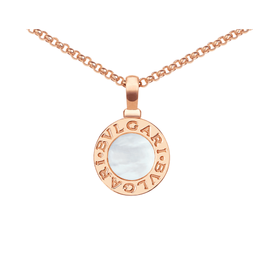 BVLGARI BVLGARI 18 kt rose gold circle pendant necklace with chain set with white mother-of-pearl insert, customizable with engraving on the back 358376 image 2