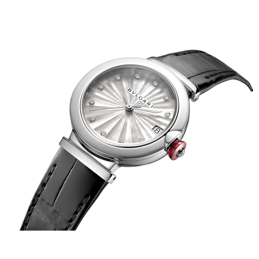 LVCEA watch with mechanical manufacture movement with automatic winding, stainless steel case, white mother-of-pearl marquetry dial, diamond indexes and black alligator bracelet. Water-resistant up to 50 metres 103478 image 2