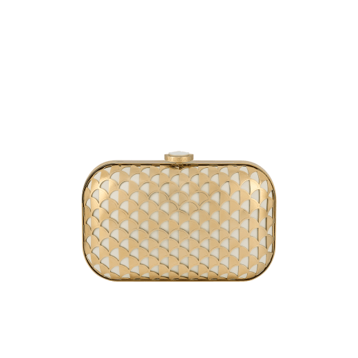 Calla clutch in gold-plated metal with a laser cut Calla motif on black nappa leather lining. Iconic closure embellished with a fan-shaped malachite insert. DAS-001-1317S image 1