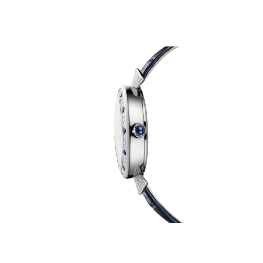 DIVAS' DREAM watch with mechanical manufacture movement, automatic winding, 18 kt white gold case set with round brilliant-cut diamonds and sapphires, aventurine rotating discs with diamonds and printed constellations and dark blue alligator bracelet 102842 image 2