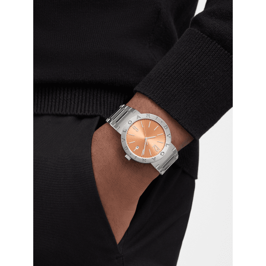 BULGARI BULGARI watch with mechanical manufacture automatic movement, satin-polished stainless steel case, bracelet and bezel engraved with the double BULGARI logo and orange lacquered sunray dial. Water-resistant up to 50 meters. Resort Limited Edition of 65 pieces. 103683 image 2