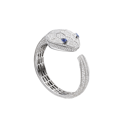 Serpenti Misteriosi Secret Watch in 18 kt white gold case and bangle bracelet, both set with round brilliant-cut diamonds, diamond full pavé dial and pear-shaped sapphire eyes. Small size 102989 image 1