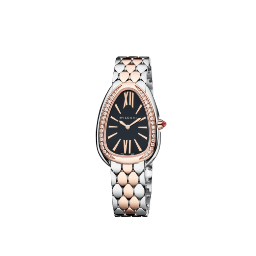 Serpenti Seduttori watch with stainless steel case, 18 kt rose gold bezel set with 38 round brilliant-cut diamonds, black lacquered dial, stainless steel and 18 kt rose gold bracelet with folding buckle. Water-resistant up to 30 metres 103951 image 4