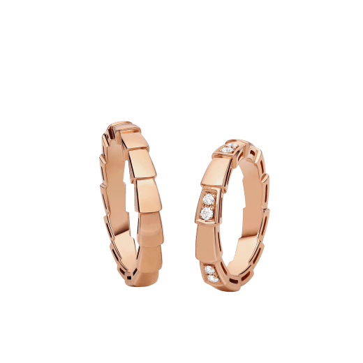 Serpenti Viper couples' rings in 18 kt rose gold, one of which (4mm) is set with demi pavé diamonds. A captivating ring set fusing mesmerising design with the snake's irresistible allure SERPENTI-VIPER-COUPLES-RINGS-3 image 1