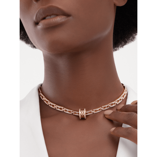 B.zero1 Rock Chain 18 kt rose gold necklace with a round studded pendant and pavé diamonds, also wearable separately with the included additional chain. 360212 image 1