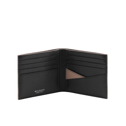 "BVLGARI BVLGARI" men's compact wallet in black and Forest Emerald green "Urban" grain calf leather. Iconic logo embellishment in dark ruthenium-plated brass with black enamelling. BBM-WLT2FASYM image 2