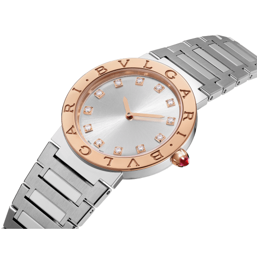 BULGARI BULGARI LADY watch with stainless steel case and bracelet, 18 kt rose gold bezel engraved with double logo, silvered sunray dial and diamond indexes. Water-resistant up to 30 metres. 103577 image 2