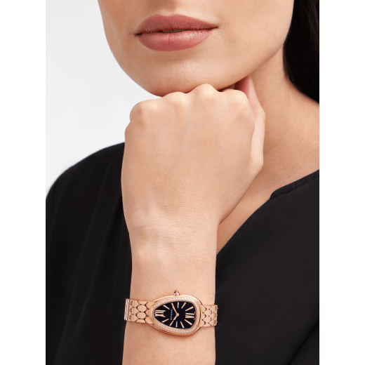 Serpenti Seduttori watch with 18 kt rose gold case set with diamonds, black lacquered dial and 18 kt rose gold bracelet. Water-resistant up to 30 metres. 103453 image 1