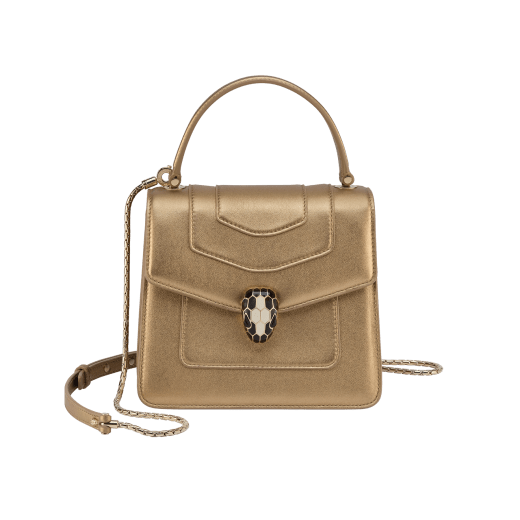 Serpenti Forever small top handle bag in white agate calf leather with heather amethyst fuchsia grosgrain lining. Captivating snakehead closure in light gold-plated brass embellished with black and white agate enamel scales and green malachite eyes. 1122-CLa image 6
