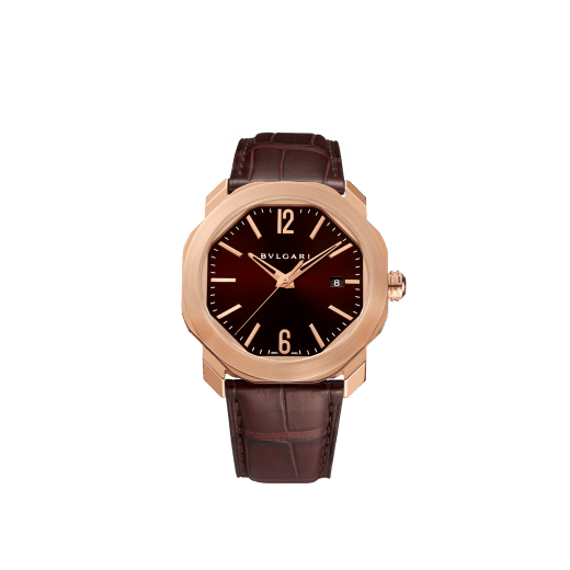 Octo Roma watch with mechanical manufacture movement, automatic winding, 18 kt rose gold case, dark brown lacquered dial and brown alligator bracelet. 102702 image 1