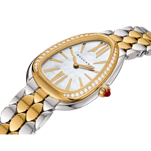 Serpenti Seduttori watch in 18 kt yellow gold and stainless steel with diamond-set bezel and white mother-of-pearl dial. Water-resistant up to 30 metres 103755 image 2