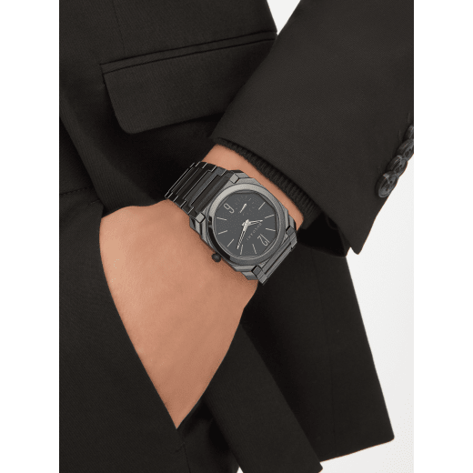 Octo Finissimo watch in sandblasted polished black ceramic with extra-thin mechanical manufacture movement, automatic winding, platinum microrotor, small seconds, transparent case back and sandblasted black ceramic dial. Water-resistant up to 30 meters 103368 image 5