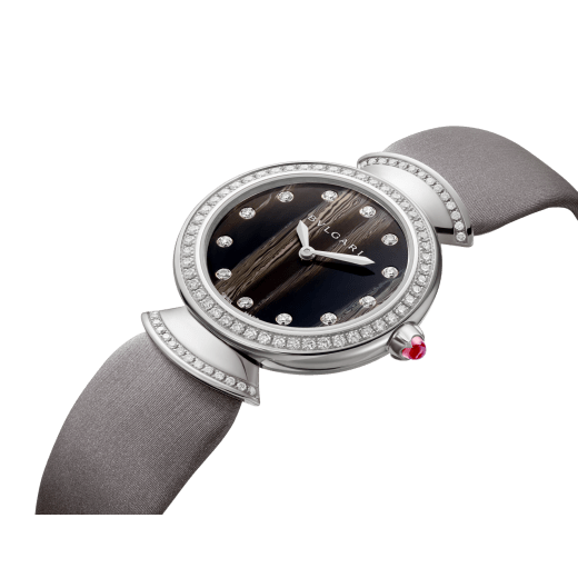 DIVAS' DREAM watch with 18 kt white gold case set with brilliant-cut diamonds, natural acetate dial, diamond indexes and grey satin bracelet 102434 image 2