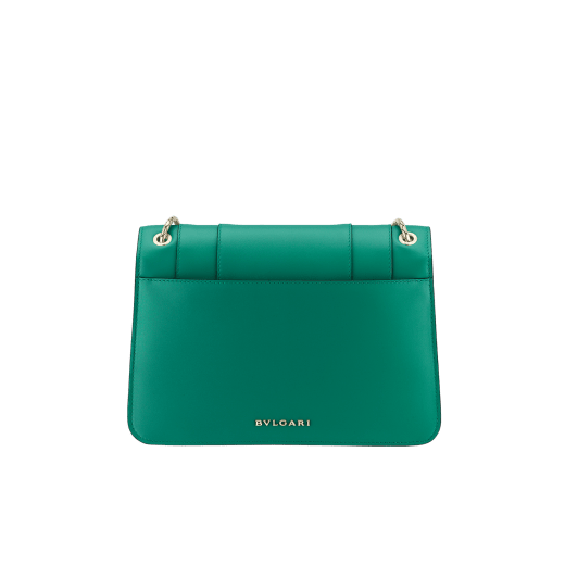 Serpenti Forever medium shoulder bag in black calf leather with emerald green grosgrain lining. Captivating snakehead closure in light gold-plated brass embellished with black and white agate enamel scales and green malachite eyes. 1077-CLa image 3