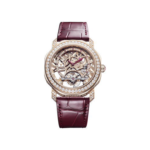 Octo Roma Tourbillon Lumière watch with mechanical manufacture skeletonized movement, manual winding and tourbillon, 18 kt rose gold case set with brilliant-cut diamonds, 18 kt rose gold arch set with round brilliant-cut diamonds and rubies, transparent case back and red alligator bracelet. Water-resistant up to 30 meters. 103751 image 1