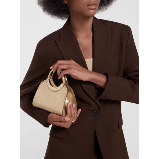 Bvlgari Roma mini top handle bag in flash diamond white Metropolitan calf leather with milky opal nappa leather lining. Iconic metal detail in palladium-plated brass engraved with the Bvlgari logo, and magnetic press-button closure. BVR-001-1310XS-CALF image 1
