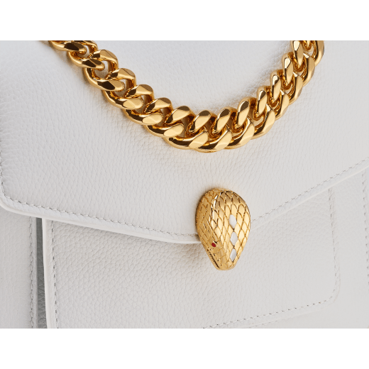 Serpenti Forever Maxi Chain small crossbody bag in flash diamond white grained calf leather with foggy opal gray nappa leather lining. Captivating snakehead magnetic closure in gold-plated brass embellished with white mother-of-pearl scales and red enamel eyes. 1134-MCGC image 4