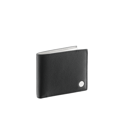 "BVLGARI BVLGARI" hipster compact wallet in black soft full grain calf leather and white agate calf leather. Iconic logo decoration in palladium plated brass coloured in white agate enamel BBM-WLT-HIPST-8C-SFGCL image 1