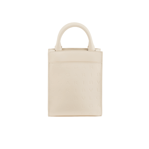 Bulgari Logo mini tote bag in ivory opal calf leather with hot-stamped Infinitum pattern on the front and black grosgrain lining. Light gold-plated brass hardware. BVL-1228S-ICLb image 3
