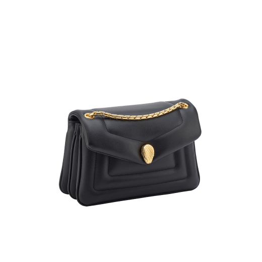 Serpenti Reverse small shoulder bag in ivory opal quilted Metropolitan calf leather with black nappa leather lining. Captivating snakehead magnetic closure in gold-plated brass embellished with red enamel eyes. 1244-MCL image 2