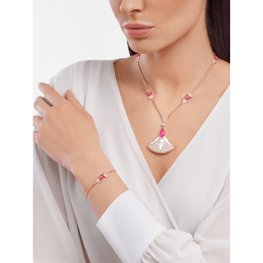 Divas' Dream necklace in 18 kt rose gold set with rubellites, mother-of-pearl elements and pavé diamonds Necklace with a double wearability and a detachable Bracelet 361950 image 2