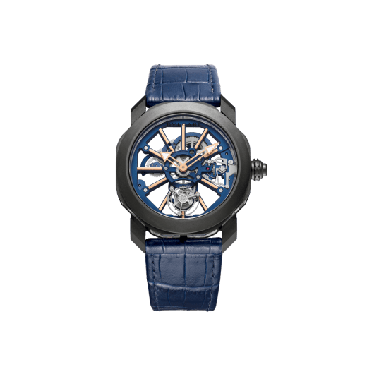 Octo Roma Tourbillon Sapphire watch with mechanical manufacture movement, flying tourbillon, manual winding, titanium case with black Diamond Like Carbon treatment, sapphire middle case, blue PVD calibre decorated with 18 kt rose gold indexes on the bridges and blue alligator bracelet 103154 image 1