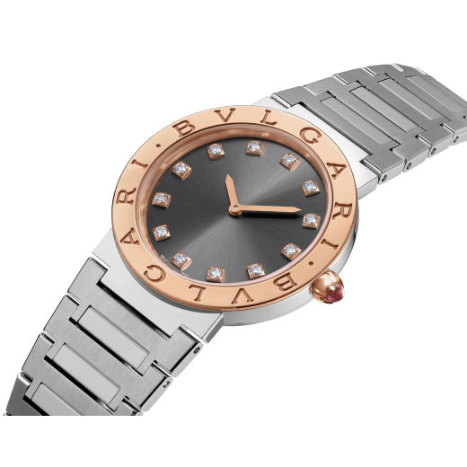 BVLGARI BVLGARI watch with polished and satin-brushed stainless steel case and bracelet, 18 kt rose gold bezel engraved with double logo, anthracite lacquered dial and 12 diamond indexes. Water-resistant up to 30 meters 103757 image 2