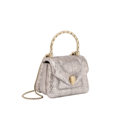 Serpenti Reverse micro top handle bag in white agate metallic karung skin with black nappa leather lining. Captivating snakehead magnetic closure in light gold-plated brass embellished with red enamel eyes. 293440 image 1