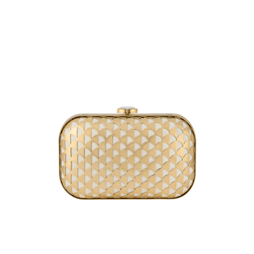 Calla clutch in gold-plated metal with a laser cut Calla motif on black nappa leather lining. Iconic closure embellished with a fan-shaped malachite insert. DAS-001-1317S image 2