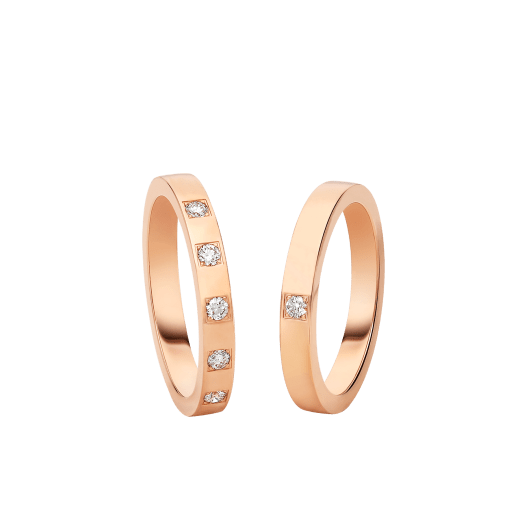 Marryme 18 kt rose gold wedding bands, one set with a diamond and the other set with 5 diamonds. A timeless couples' ring set fusing distinctive design with ultimate preciousness MARRYME-COUPLES-RINGS-4 image 1