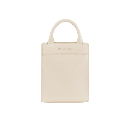 Bulgari Logo mini tote bag in black calf leather with hot-stamped Infinitum pattern and teal topaz green grosgrain lining. Light gold-plated brass hardware. BVL-1228S-ICLa image 1