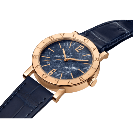 Bvlgari Bvlgari watch with mechanical automatic in-house movement, 18 kt rose gold case and bezel engraved with double logo, blue marble dial and blue alligator bracelet. Water-resistant up to 50 metres 104113 image 2