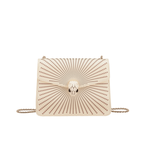 Serpenti Forever crossbody bag in ivory opal laser-cut calf leather with caramel topaz beige nappa leather lining. Captivating snakehead closure in light gold-plated brass embellished with matte and shiny ivory opal enamel scales and black onyx eyes. 422-LCL image 1